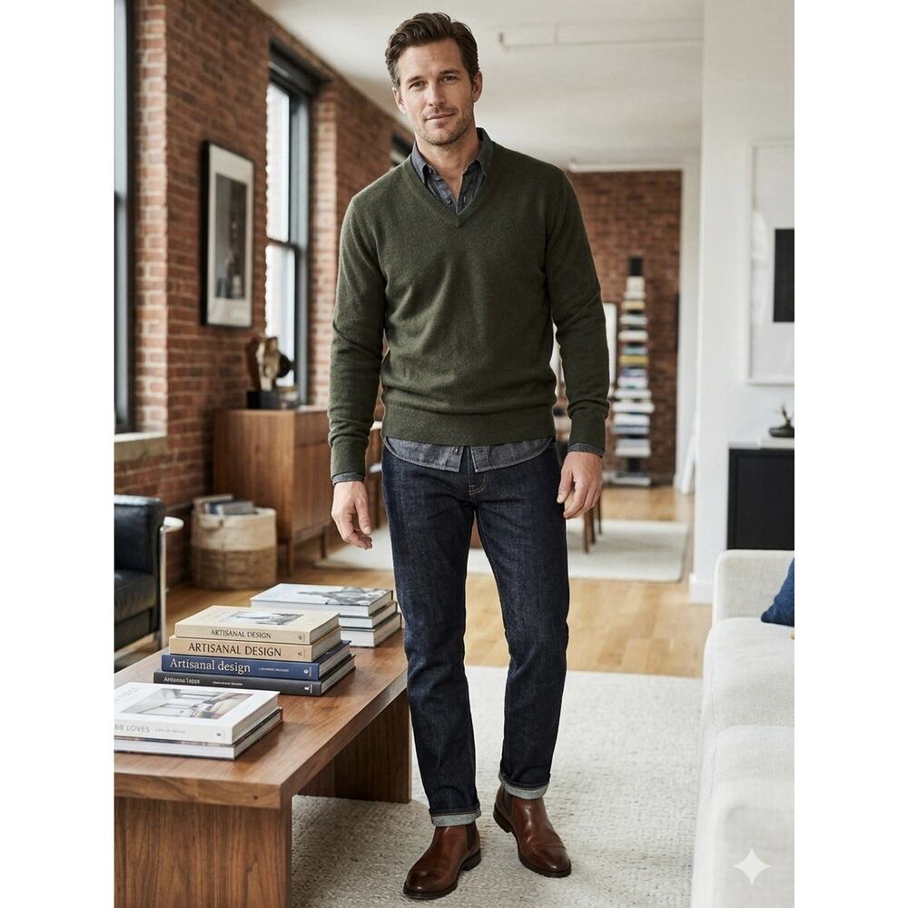 Todd Snyder New York 100% Cashmere V-Neck Sweater Olive Green Men’s Size M